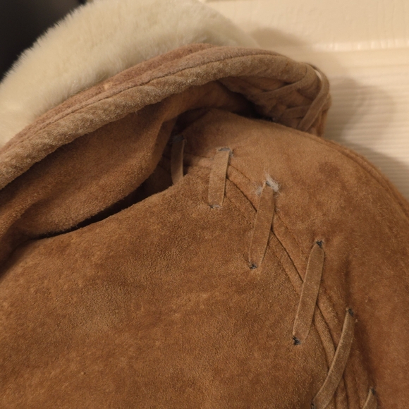 Vtg Synergy Leather Faux Shearling Hooded Coat Sueded Modacrylic Lined, Sz S - Picture 3 of 16